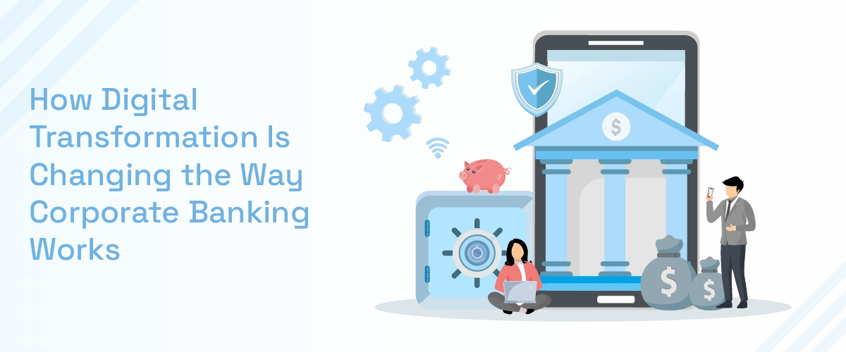 Digital transformation in corporate banking illustration showing fintech technology and AI integration